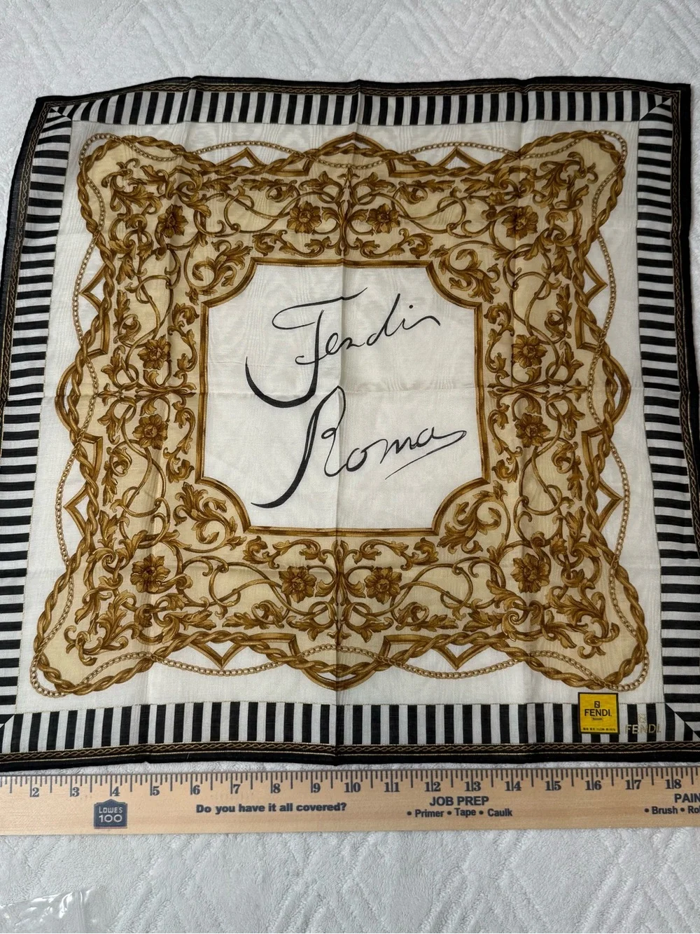 Fendi Black, White and Gold Striped Baroque Silk Scarf